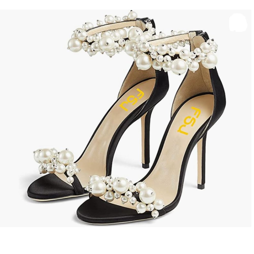FSJ Black High Heel Full Pearls Ankle Strap Back Zipper Open Toe Bride Sandals